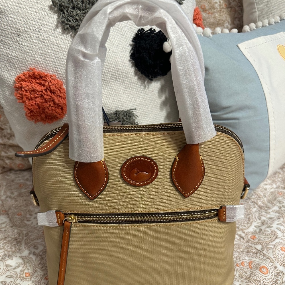 Dooney & Bourke Tan Canvas Satchel with Brown Leather Trim